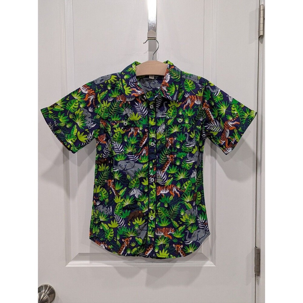 Hatley Kids Green Blue Jungle Hawaiian Shirt Short Sleeves Cotton Boys Size 8 - Picture 2 of 5